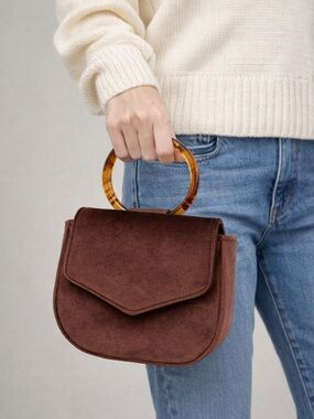 Anthropologie Brown Velvet Mini Handbag Tortoise Shell Handle Structured Clutch